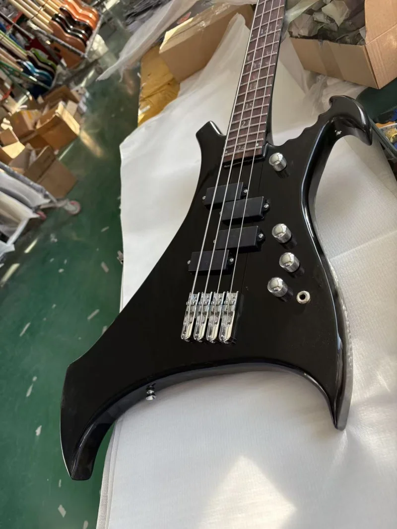4-string special-shaped electric bass, rosewood fingerboard, numerically inlaid, black high-gloss finish, free delivery