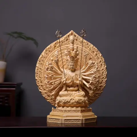 Estátua de Guan Yin de Cipreste Chinês, Requintada Escultura de Madeira Esculpida à Mão de Avalokitesvara Bodhisattva de Mil Mãos para Altar