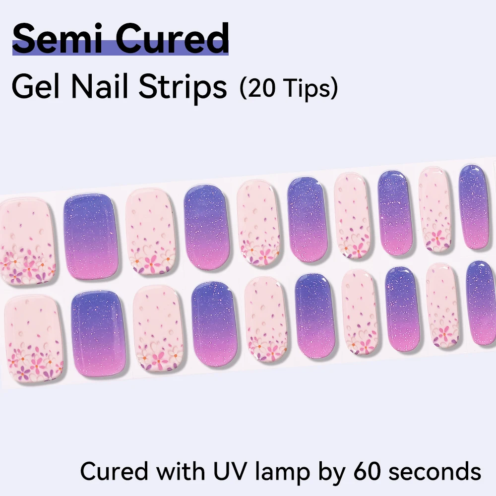 Semi Cured Gel Nail Strips 20 Tips Autumn Design Waterproof Long Lasting Full Gel Nail Stickers DIY Manicure Need UV Lamp