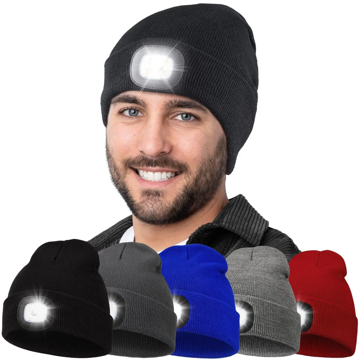 LED-beleuchtete Beanie-Mütze, Stirnlampe, USB wiederaufladbar, Unisex, warme Strickmütze, Stirnlampe, Taschenlampe für Nachtlauf, Radfahren, Sport