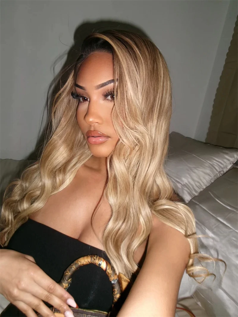 Women's Wig Ombre Creamy Ash Blonde Highlight Wig with Roots Synthetic HD Lace Front Wig Glueless Hairline Party Daily Cosplay
