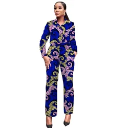 African Wax Print Women Outfits Turn Down Collar Shirts Patch Casual Pants Ankara Fashion Female Dashiki Wear