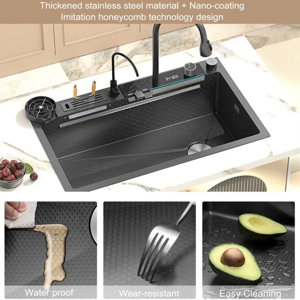 Fregadero de cocina negro de doble cascada, fregadero de cocina de acero inoxidable de 31,5 pulgadas, fregadero de un solo tazón con grifo, panal moderno Nano