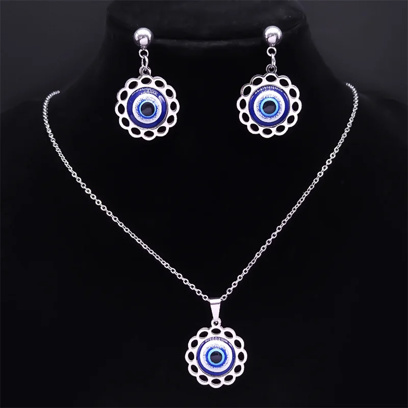 Turkey Blue Eye Chain Necklace Drop Earrings Set Stainless Steel Greek Eye Jewelry Set Christmas Gift Jewelr bijoux femme luxe