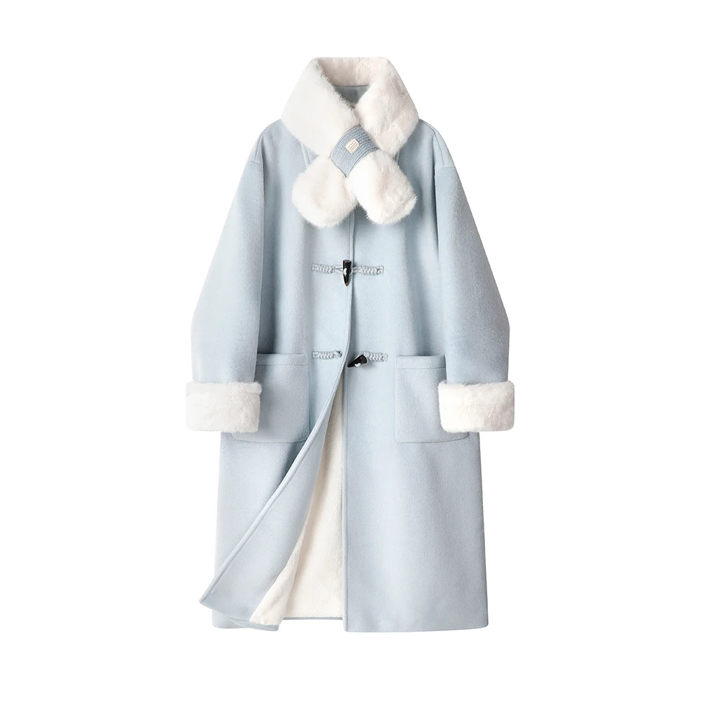 معطف نسائي طويل من الصوف بياقة من الفرو قابلة للفصل سترة شتوية دافئة مبطنة بالصوف سترة شتوية فضفاضة مناسبة 2025 #1