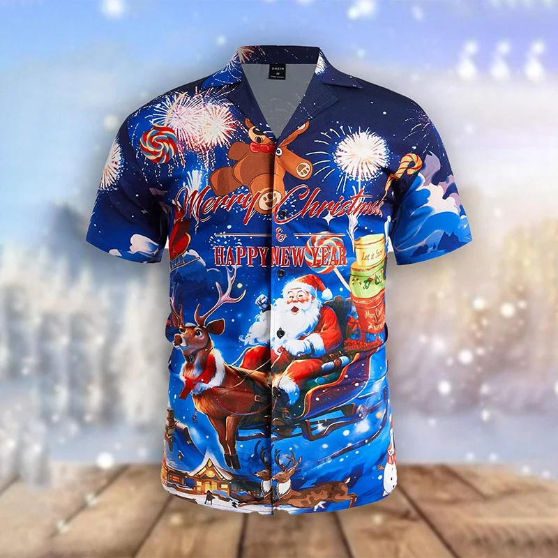 New Summer 3D Merry Christmas Printing Shirts & Blouses Christmas Gift Reindeer Graphic Christmas Shirt Hawaiian Shirt Men Tops