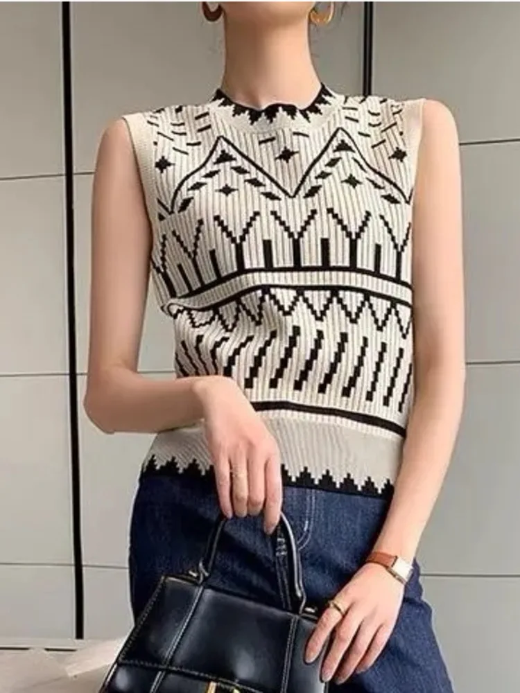 2023 Summer Sleeveless Slim Knit Vest Crop Tops Women Jacquard O-neck Vintage Chic Sweater Vests Knitwear Fashion Female Jumpers