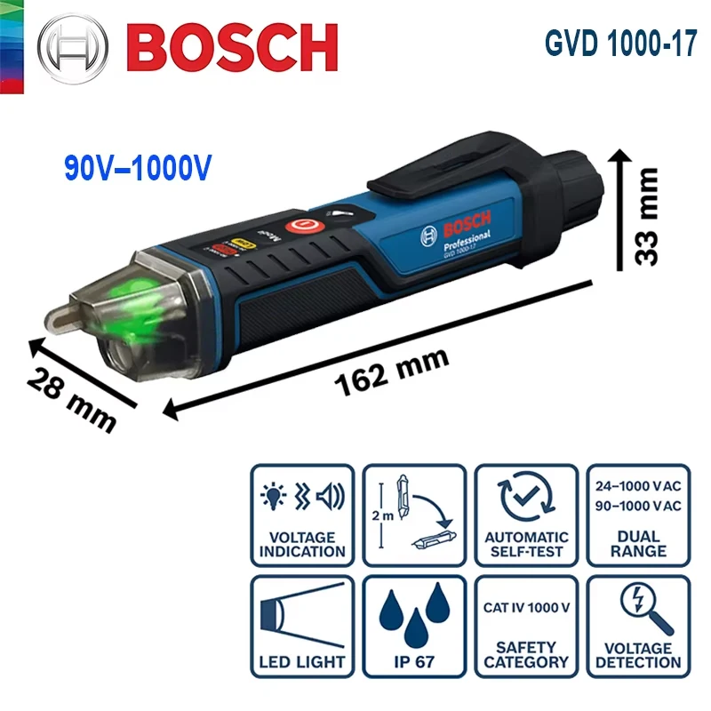 

Детектор напряжения Bosch GVD 1000-17 (бесконтактный) 24В-1000В, индикатор напряжения, тестер-ручка, самопроверка напряжения, интеллектуальный поисковик обрывов цепи