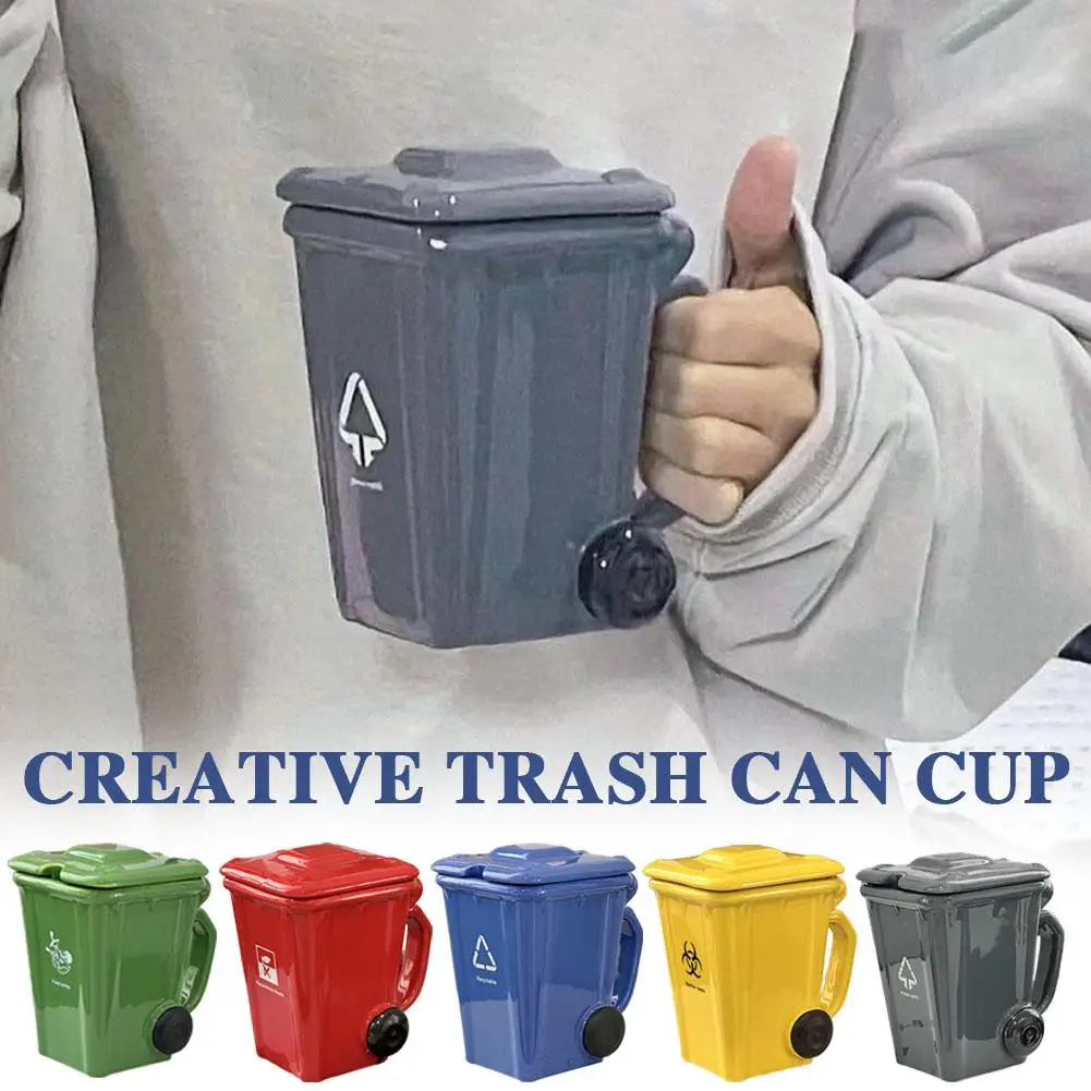 Keramik-Abfalleimer-förmiger Becher mit Deckel Recycling-Behälter Kaffeetasse Keramik-Witzbecher Geschenk für Freunde