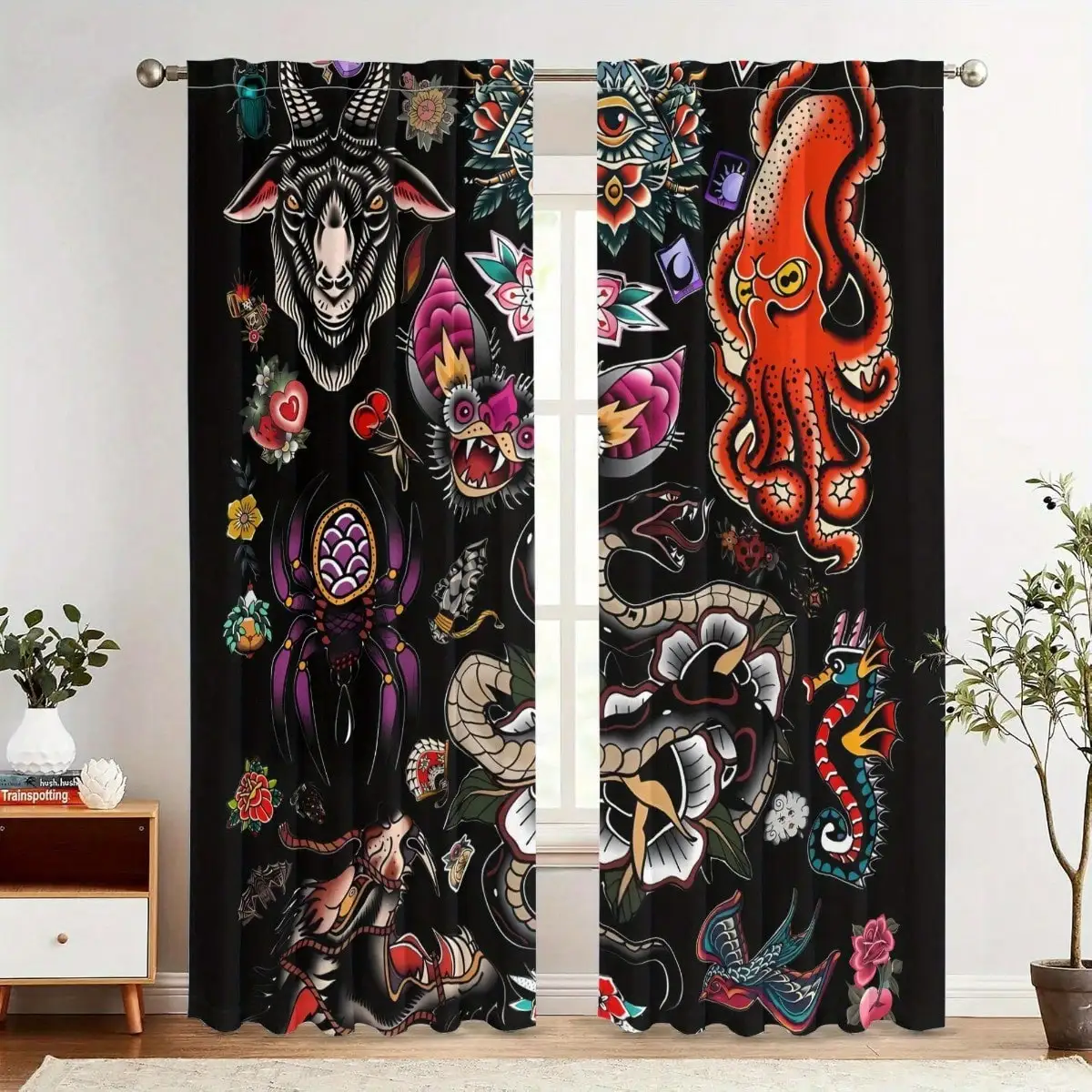 2pcs Old School Tattoo Collage Curtain Creative Design Suitable For Bedroom Living Room Office And Home Decoration