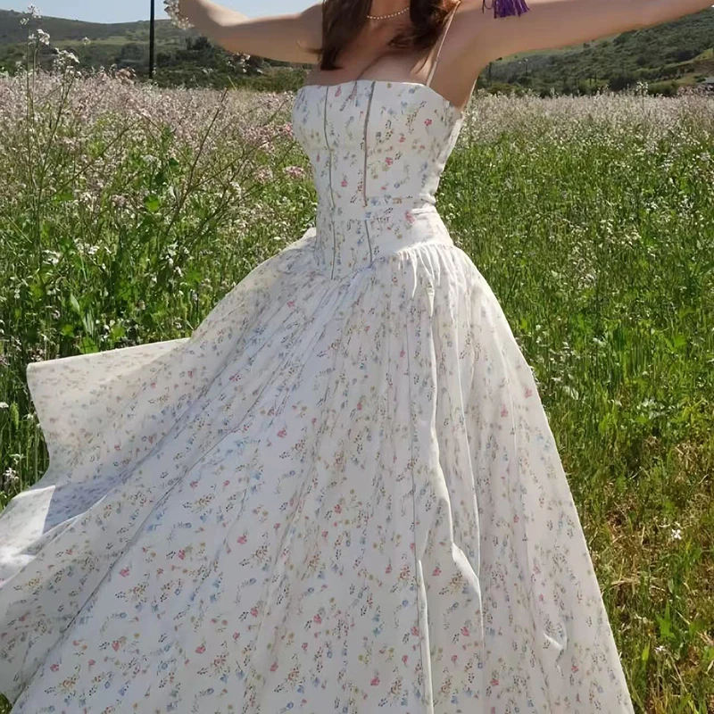 Vestido camisero francés elegante con estampado de flores para mujer, vestido Sexy de verano con tirantes finos, vestido acampanado a la moda para mujer, Vestidos de fiesta plisados ajustados