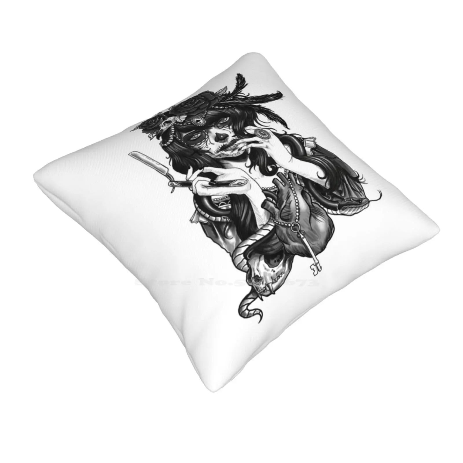 Dia De Los Muertos-Sugar Skull Pillows Case Bedroom Home Decoration Chicano Latino Latina Heart Snake Woman Mexican Black Grey