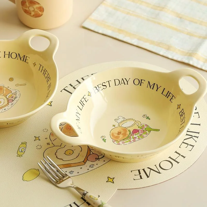 

Большая тарелка в форме кролика с двумя ушками, для домашнего использования, пригодная для микроволновой печи, в японском стиле, глубокая тарелка для десертов, с мультяшным рисунком, нарисованным вручную.