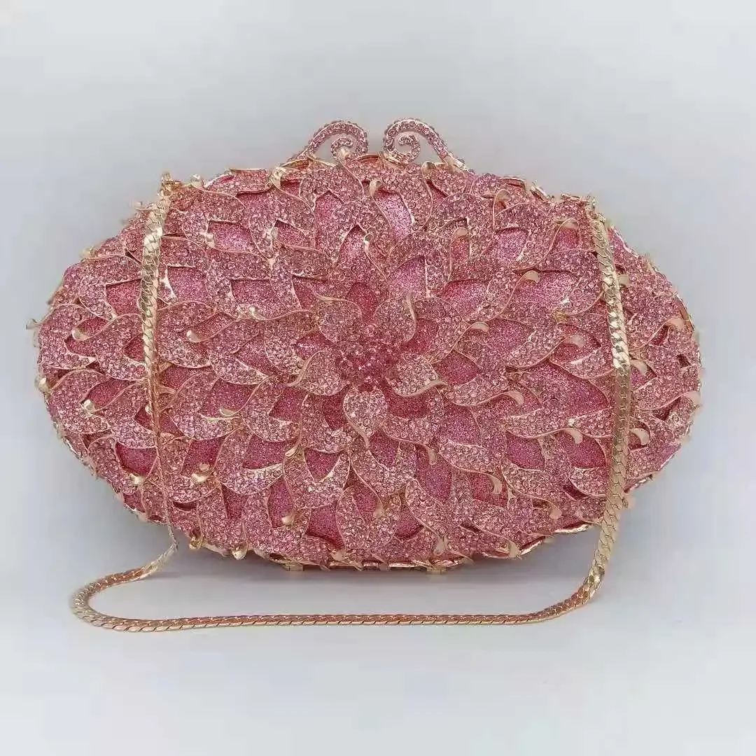 

Lady Hot Pink Color Crystal Flower Clutch Bags Purse Women’s Diamond Wedding Bridal Rhinestone Handbags Lady Phone Party Purses