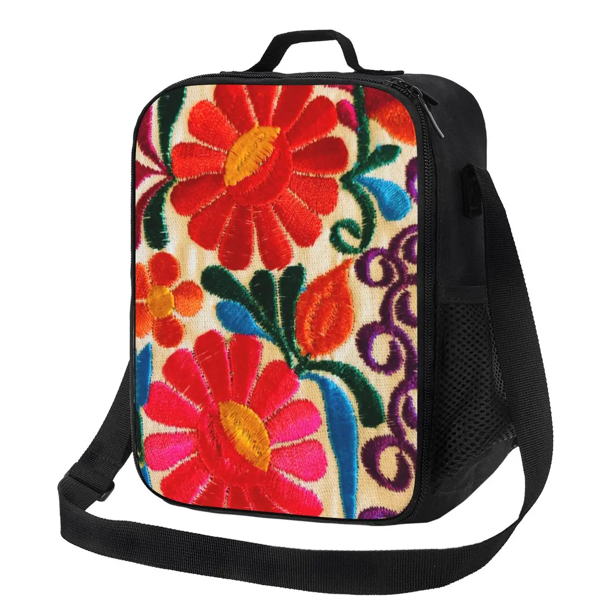 Sacchetti per il pranzo isolati con arte del ricamo di fiori messicani personalizzati per il campeggio in tessuto floreale Folk Resuable Cooler Thermal Lunch Box