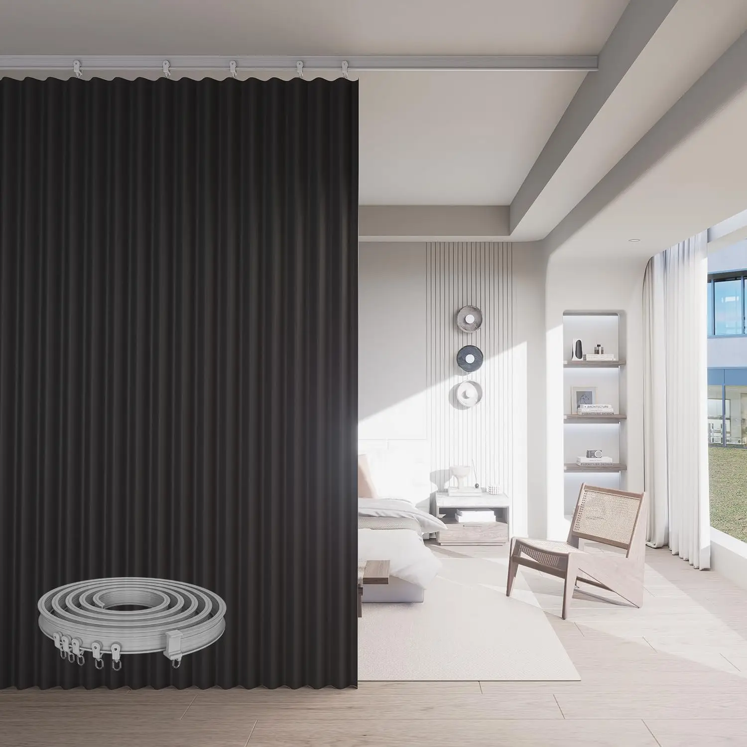 

Звукоизоляционные шторы-перегородки Blackout с гибкой направляющей, термоизолированные, от пола до потолка (черные, 254x213 см)