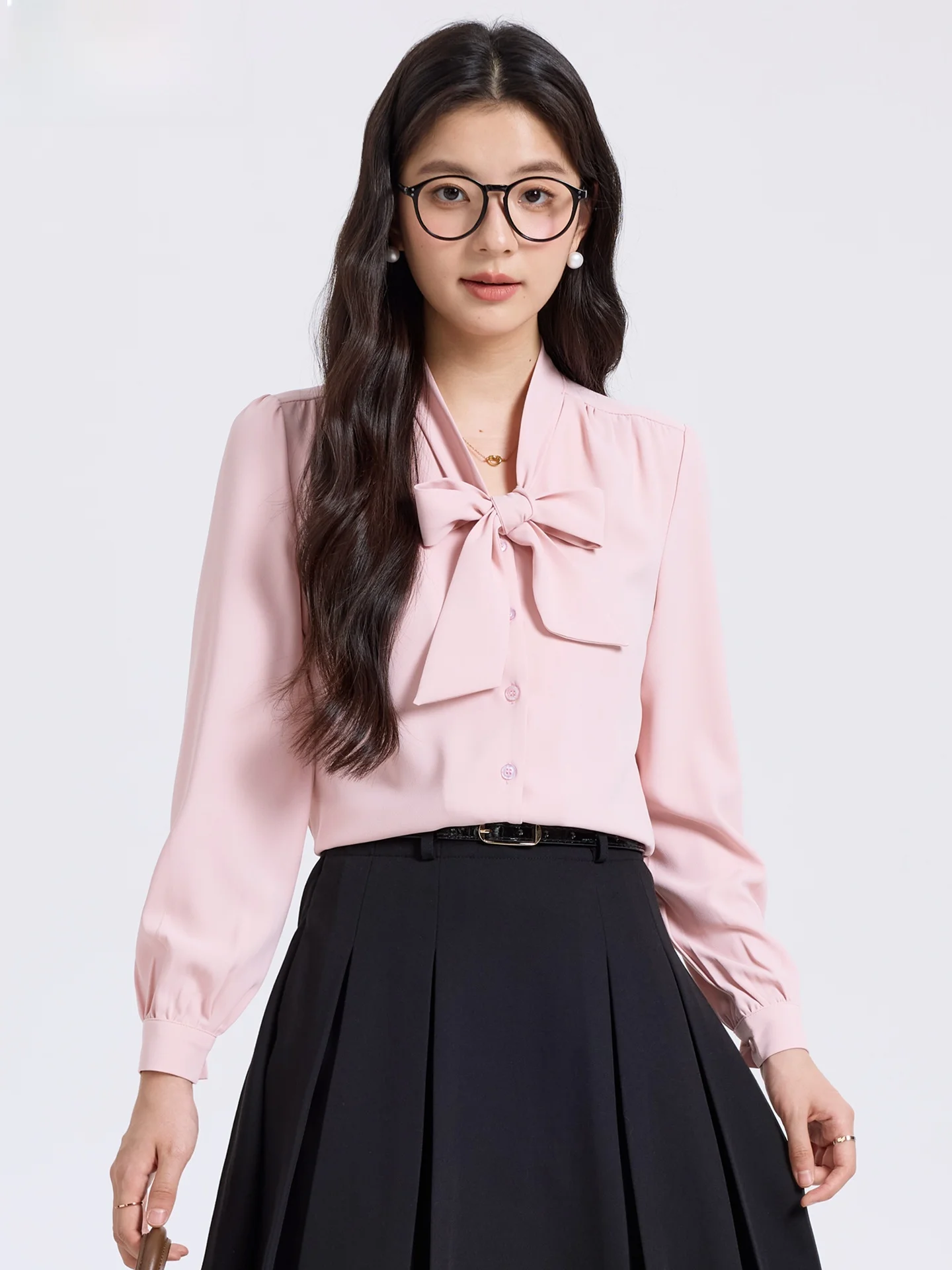 

Розовая рубашка с бантом и длинным рукавом, женская модная рубашка в студенческом стиле для собеседований, официальная рубашка с лентой, офисная одежда, весна-осень