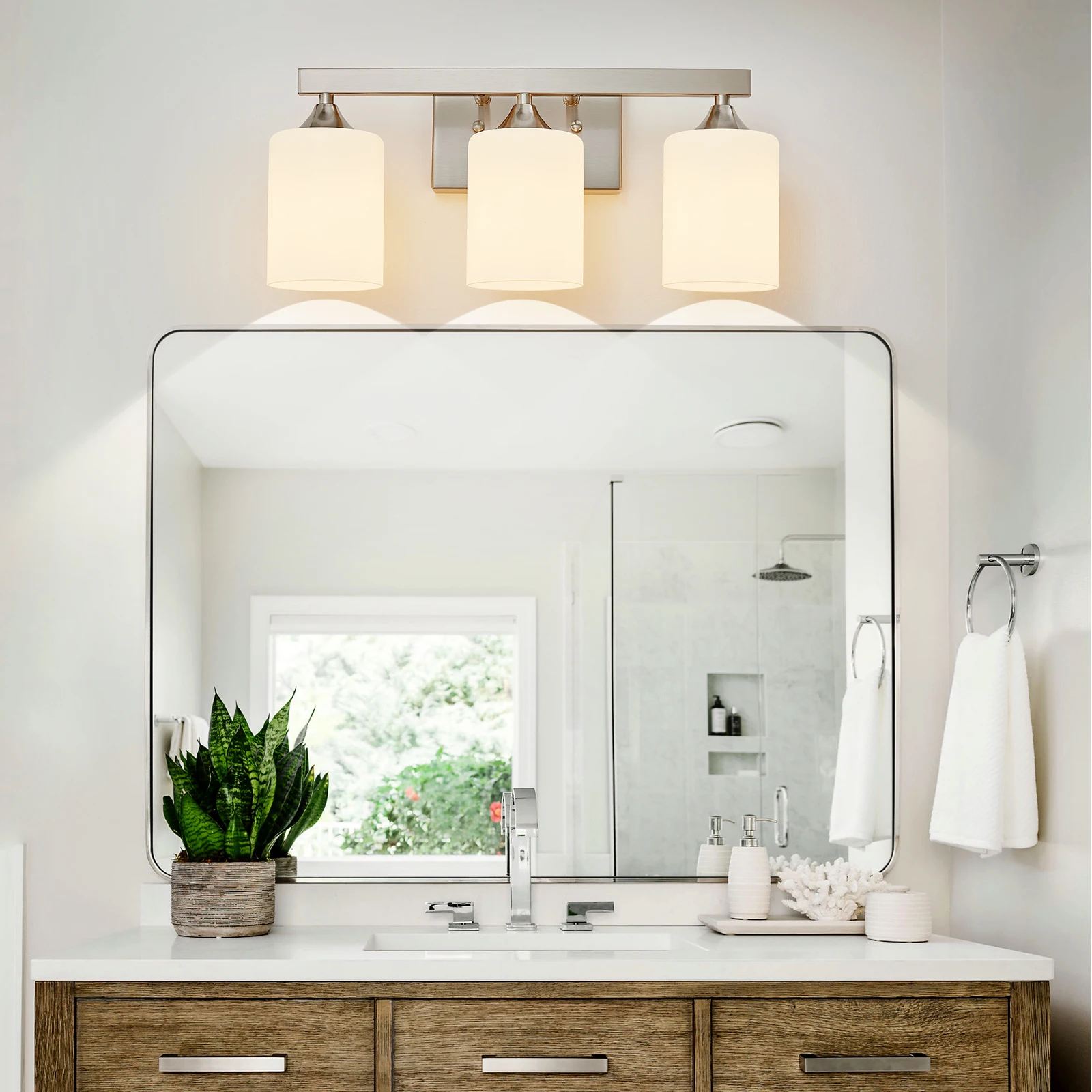 3-Light Brushed Nickel Vanity Light, Frosted Glass Bathroom Wall Sconce, E26 Base, Up/Down Mount