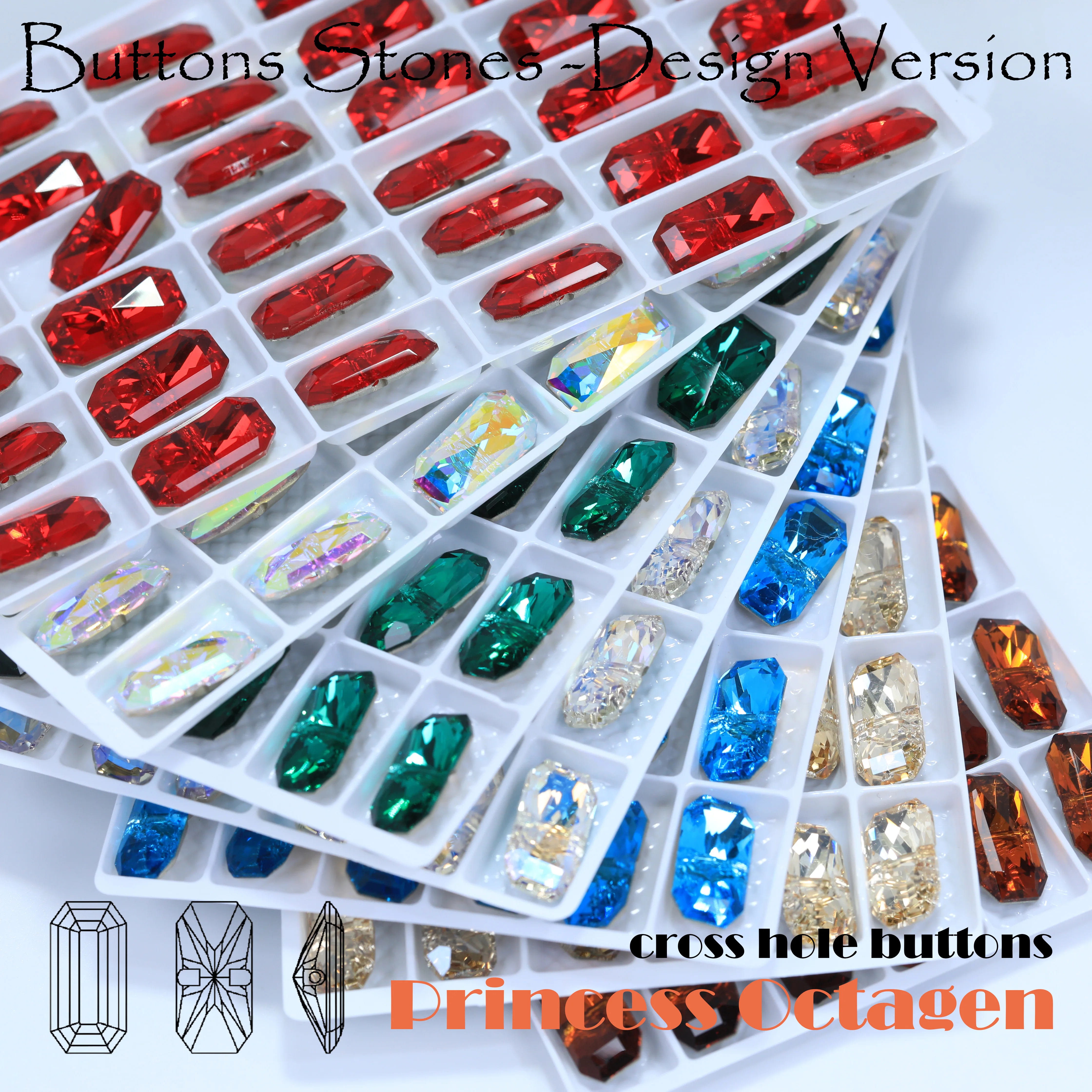 Princess Octagon Shape Crystal Buttons Cross Hole Shiny Rhinestone Buttons for Wedding Dress Apparel Sewing Accessories