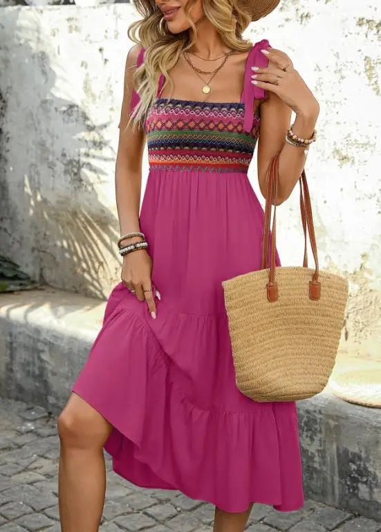 Women Dresses 2026 Spring Summer New Fashion Shoulder Lace Up Square Collar High Waist Casual Vacation Long Dress