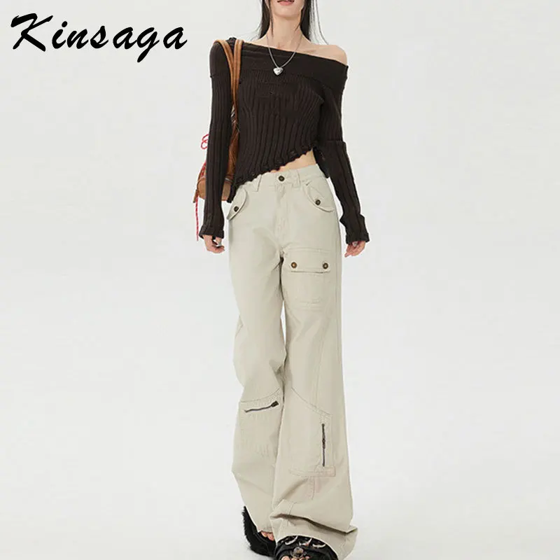 Y2K Girl Straight Garment Dyed Jean Military Cargo Pants Streetwear Extra Long Multi Pockets Fit Wide Flare Leg Tall Trousers