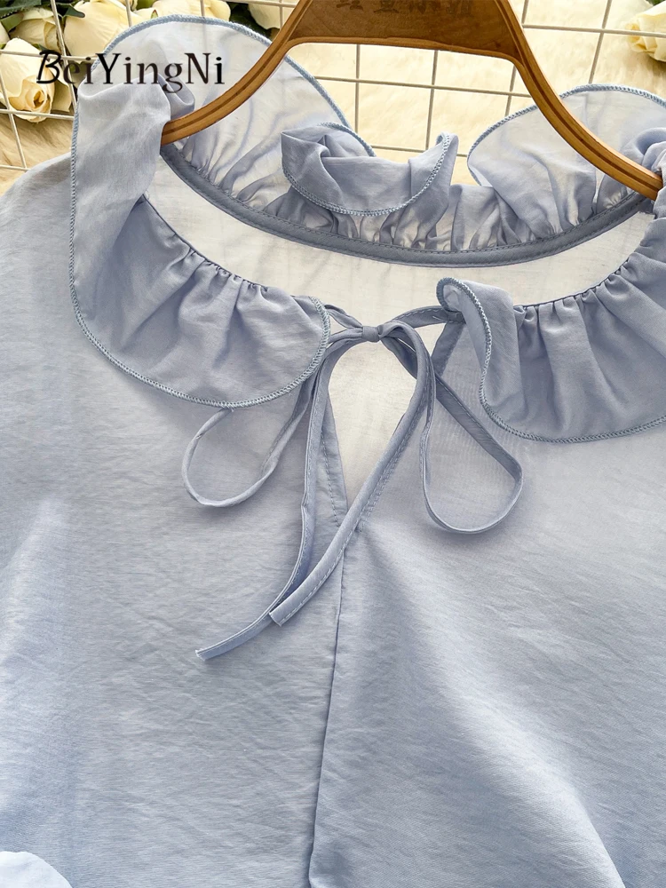 Beiyingni Camicette da donna coreane di moda Chic manica lunga con lacci Top femminile Albero commestibile Fungo Casual Increspature irregolari Blusas