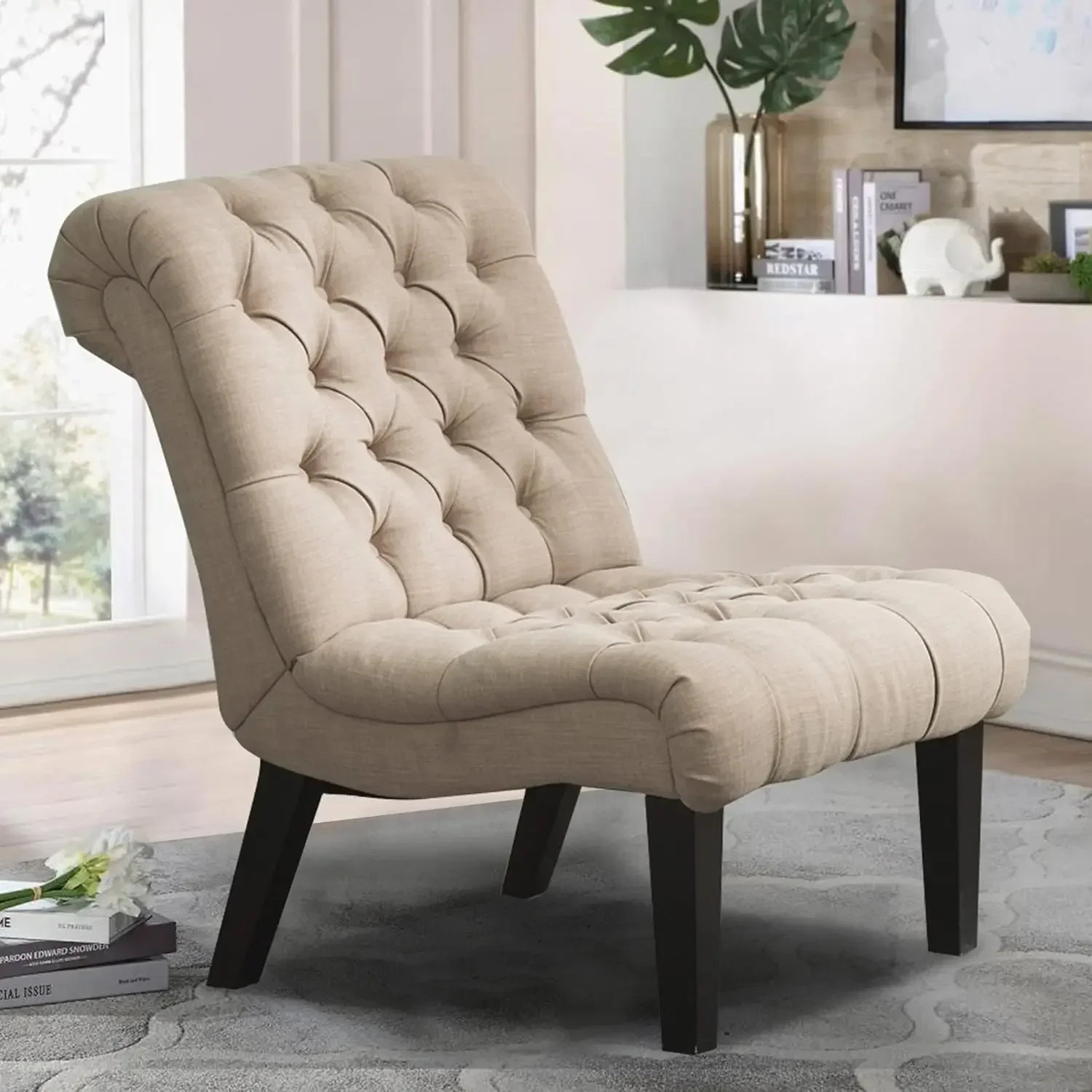 

Upholstered Accent Chair for Bedroom Living Room Chairs Modern Armless Side Chair with Wood Legs Khaki Fabric