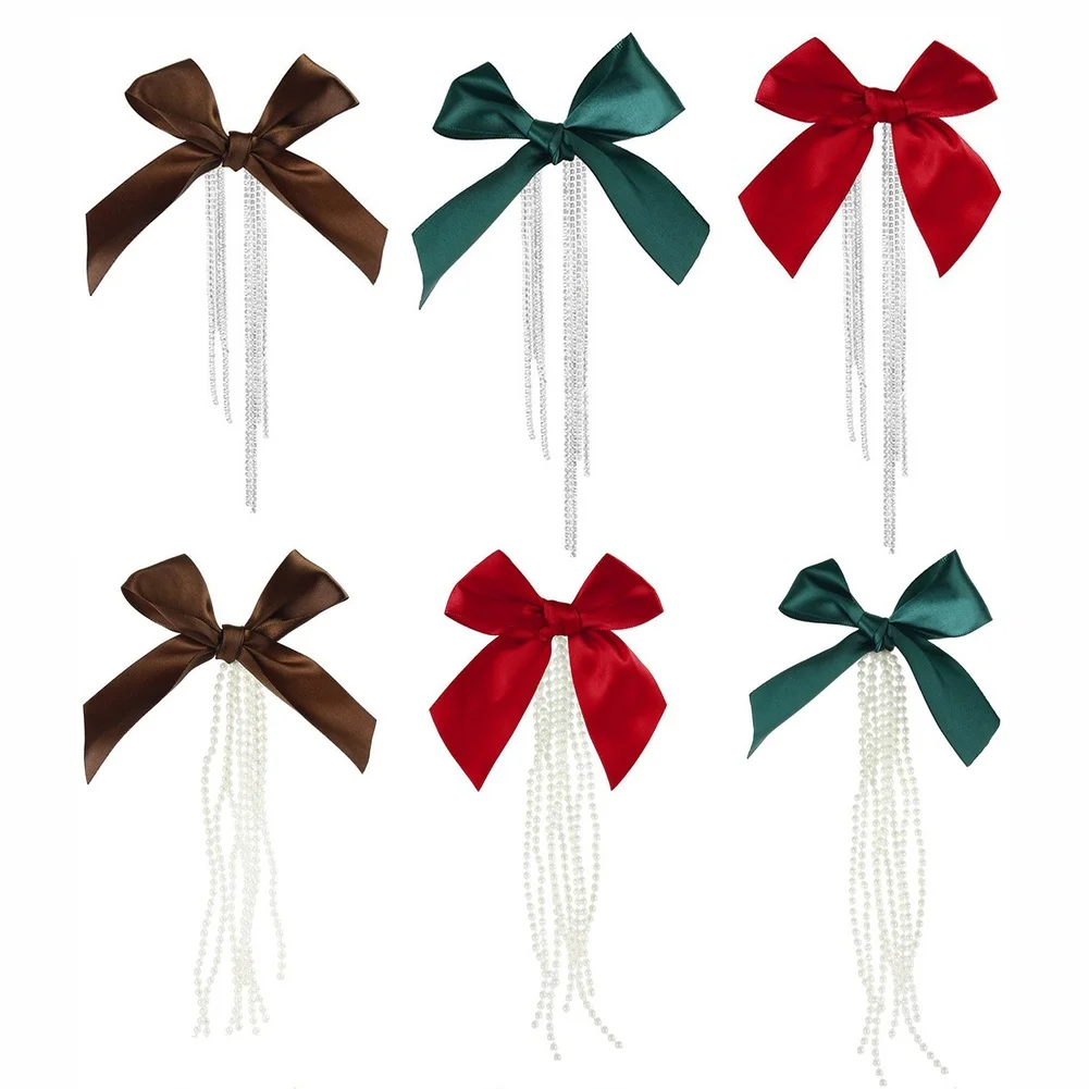 Satin Ribbon Pearl Fringe Bow Christmas Tree Ornament Red Green Black Holiday Decor Seasonal Hanging Accessories For Home Party