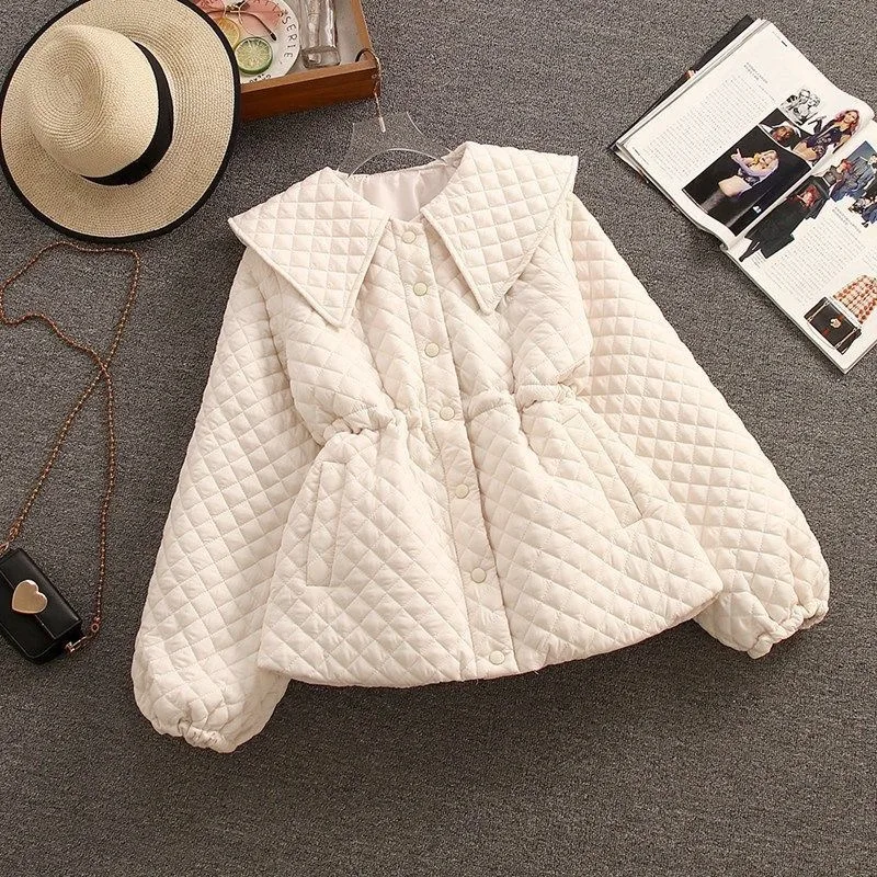 

Lightweight Cotton Quilted Vest Women's Winter Waist-Cinching Diamond Patterned Doll Collar ort Coat Jaet Sweet Sle