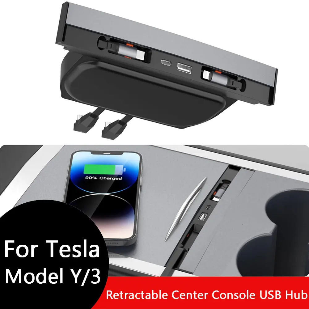 Retractable Center Console USB Hub for Tesla Model 3 Model Y Interior Accessories Central Control Docking Station Fast Charging