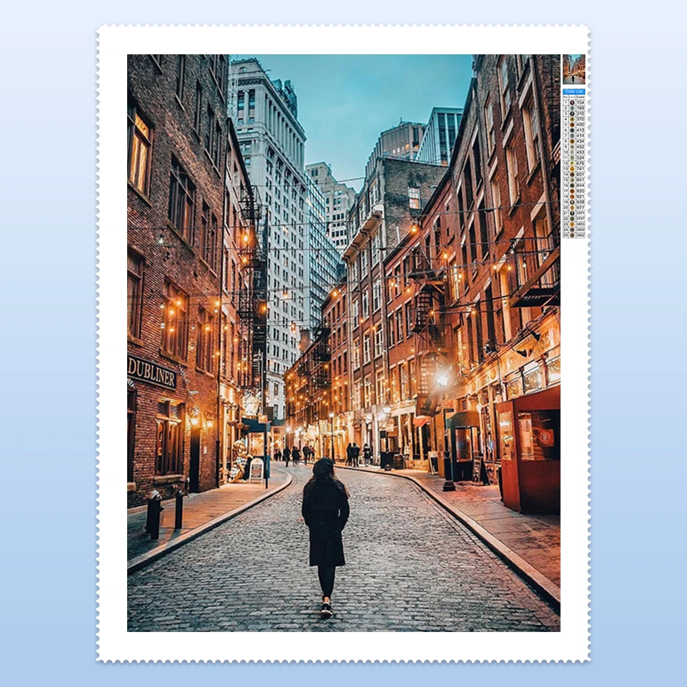 Embroidery Nyc - ภาพวาดเพชร DIY ลายถนนหินกรวดในนิวยอร์ก พร้อมโคมไฟถนน ตกแต่งผนังบ้าน ของขวัญสำหรับเพื่อน
