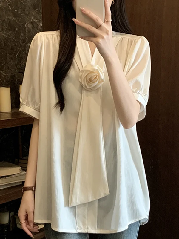 

Elegant V-Neck Sash Short Sleeve Shirt Korean Style Summer New Arrival Women's Fashionable Top Breathable Comfortable Casual ...