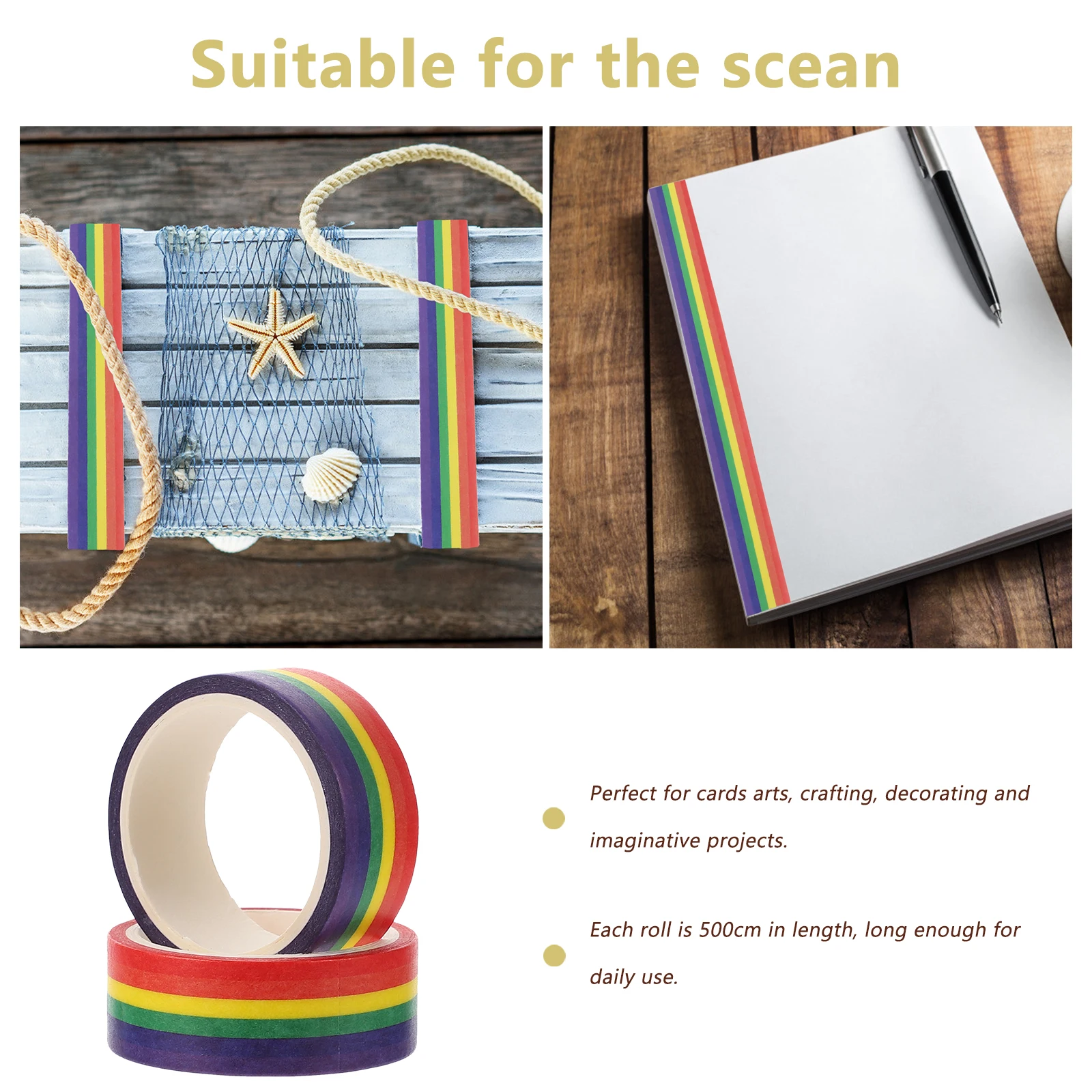 

2pcs Rainbow Color 500Cm Long Washi Multi-Purpose Adhesive Decorative Tapes For Diy Crafting Gift Wrapping Office Use Tearable