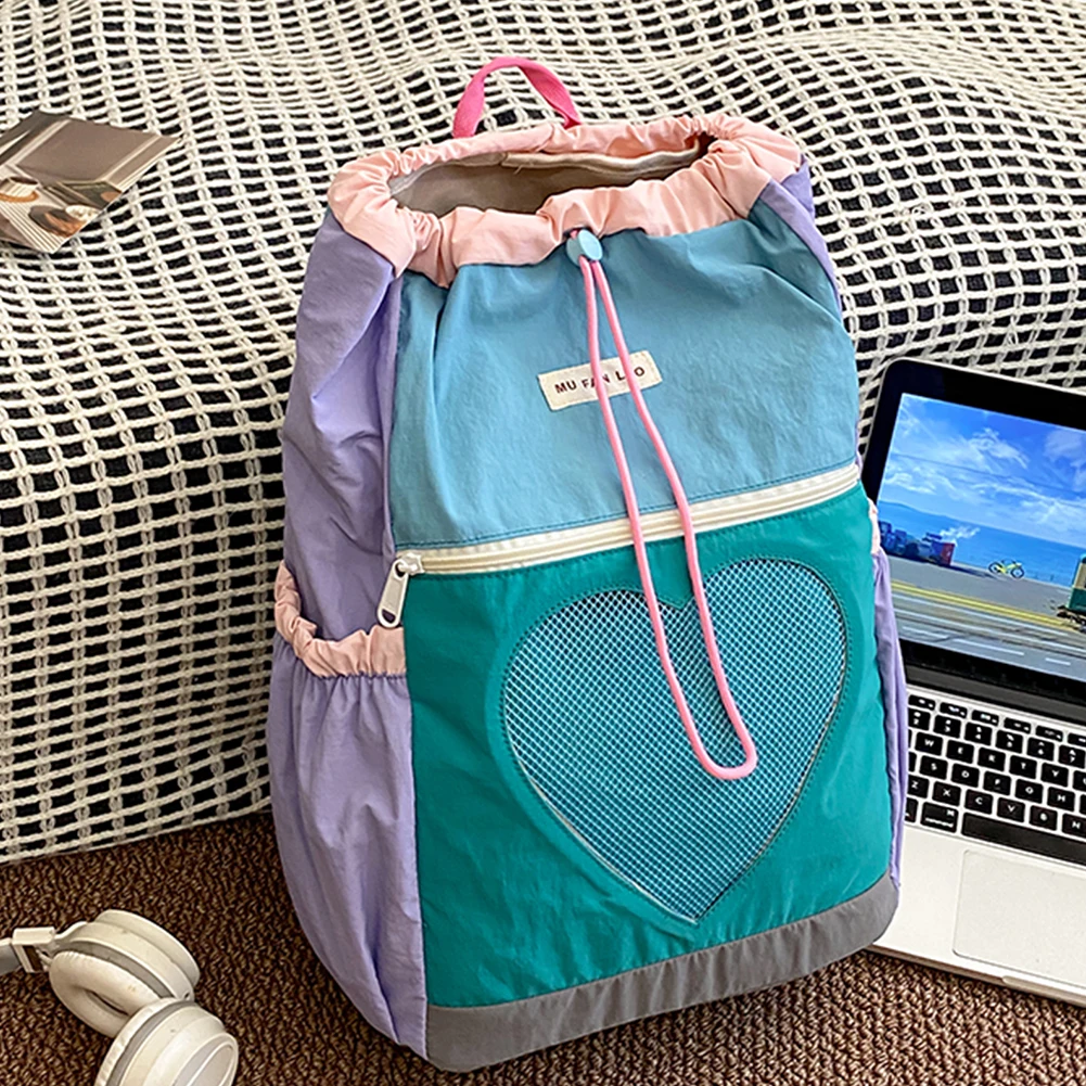 

Kawaii Backpack School Bag for Women Girls Color-Block Laptop Backpack Nylon Drawstring Adjustable Strap Rucksack for Teens Gift