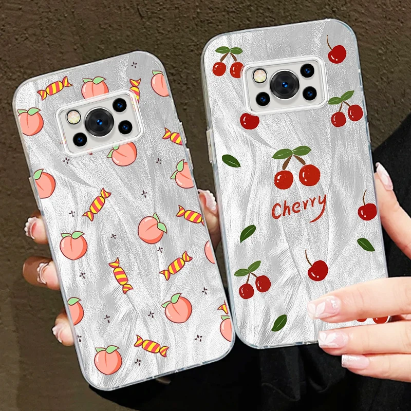 

Fruit Peach Cherry Printing For Xiaomi Poco C65 M6 M3 X6 X5 X3 Redmi 13C 12 12C 10C 10 9T 9A 9 Pro 5G Feather Yarn Funda