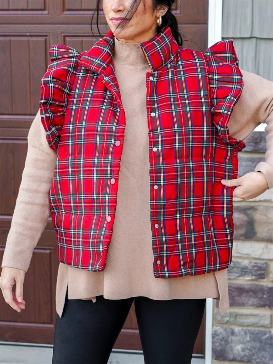 Women s Christmas Plaid Cotton Vest Turtle Neck Snap-up Flutter Sleeve Casual Lightweight Waistcoat