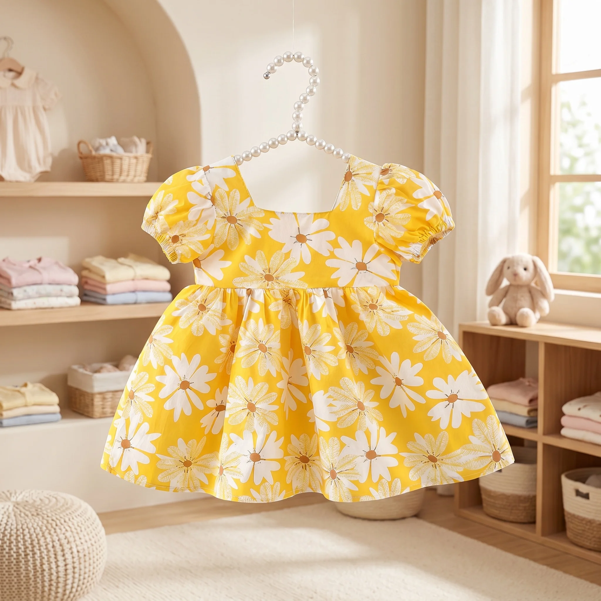 Sweet Baby Girls Dresses Flowers Puff Sleeves Children's Clothes Summer Fashion Bow Toddler Thin Kids Costume 0 To 3 Years Old