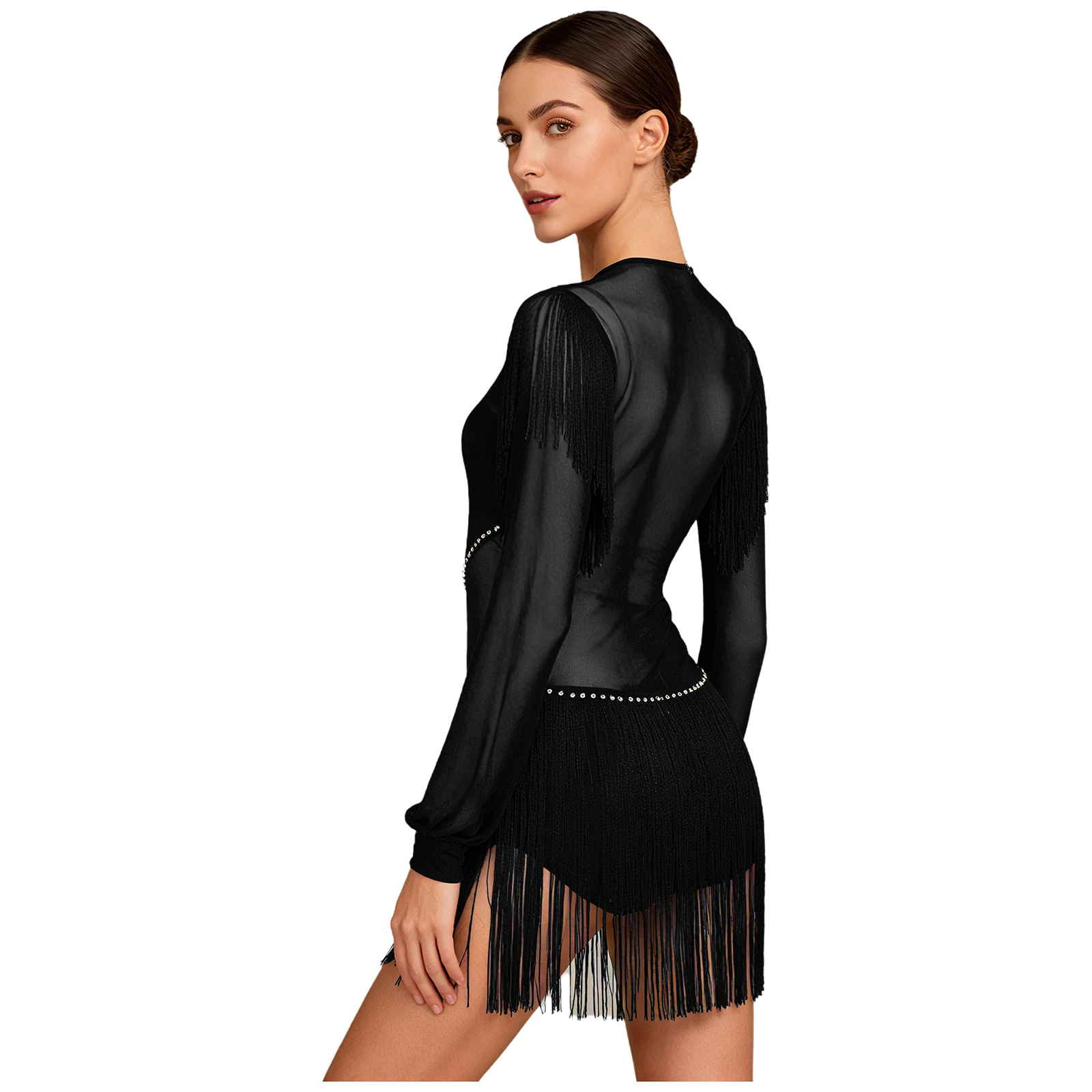 Robe justaucorps de Tango latin pour femmes, body d'entraînement de gymnastique de Ballet avec maille transparente, Patchwork de strass, pompon, vêtements de Salsa