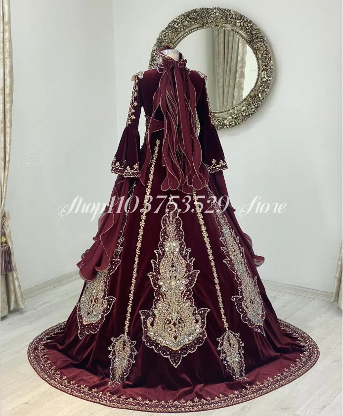 Long Sleeve Placket Burgundy Evening Dress Exquisite Luxury Embroidery Applique Diamond Beaded Ethnic Dress فساتين سهرة فاخرة