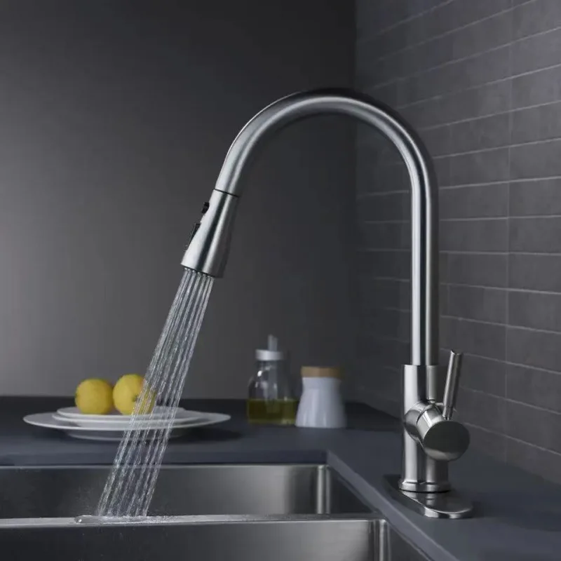 304 Stainless Steel Kitchen Faucet with Hot and Cold Water Mixer Retractable Pull-Out Design for Washing Basin and Sink