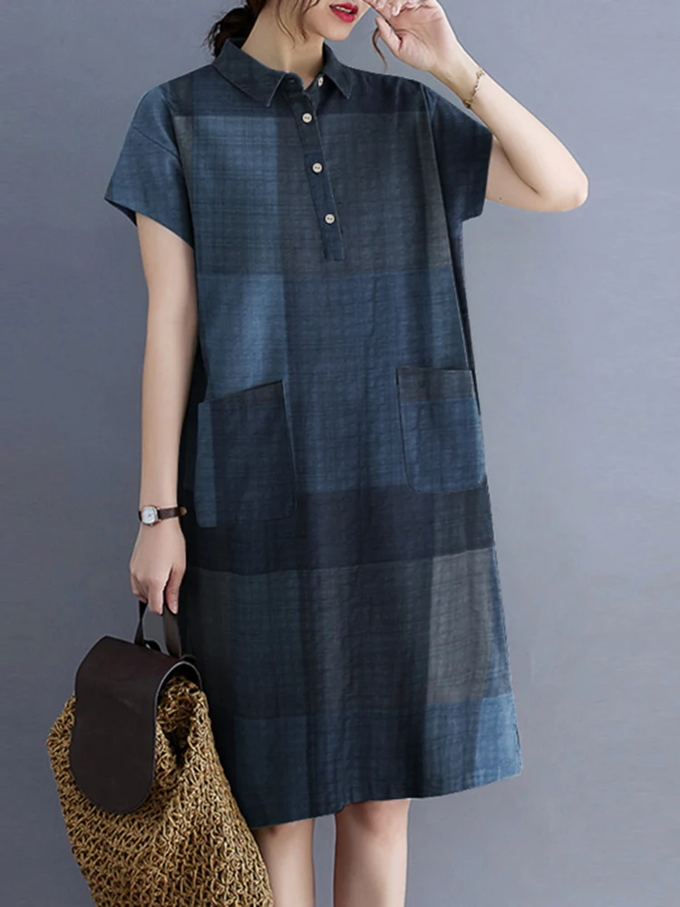 Summer Hoilday Grid Sundress Women Casual Short Sleeve Shirt Dress ZANZEA Retro Lapel Plaid Kaftan Loose Checked Print Vestidos