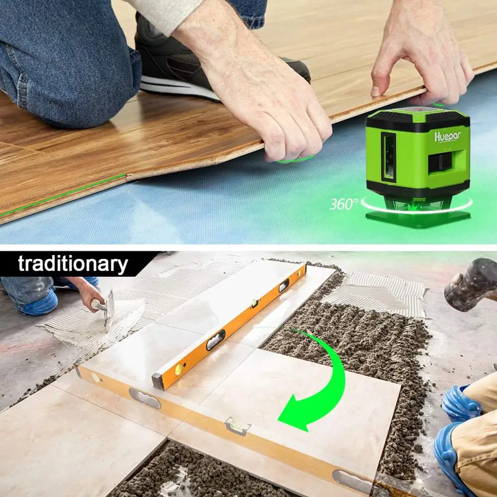 Huepar FL360G For Tile,360-Degree Horizontal Line 130 Degree,5 Line Green Beam Cross Line Flooring Laser Level