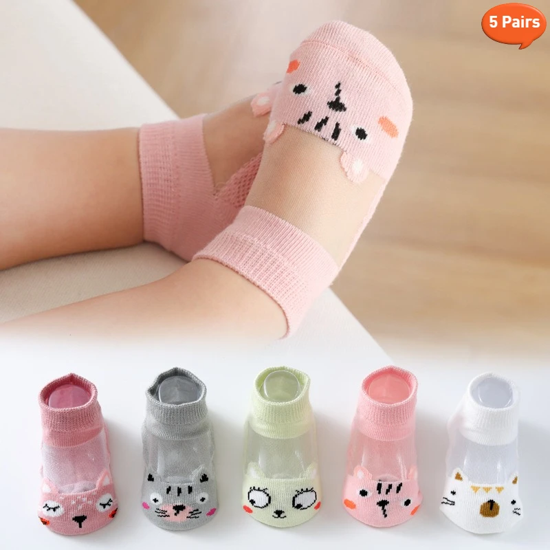 

5 Pairs Kids Socks Summer Thin Breathable Mesh Cotton Socks Cartoon Baby Socks for Boys Girls 0-12 Years