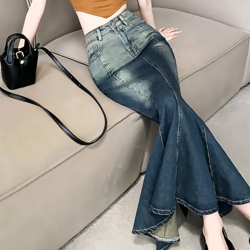 

2023 Summer Spring Women High Waisted Bleached Stretchy Trumpet Long Denim Skirt , Woman Fashion Mermaid Skirts