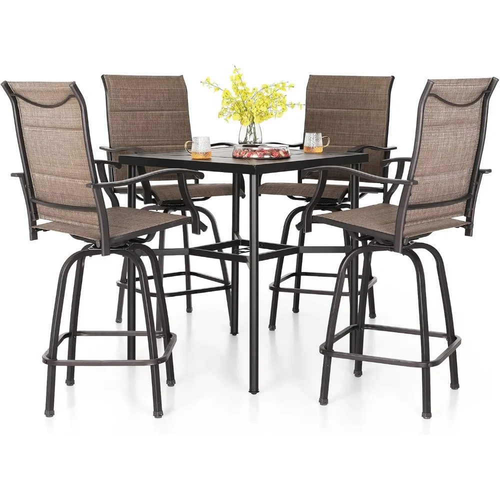 

5 Piece Patio Bar Set, High Top Outdoor Table and Chairs for 4 with Swivel Padded Bar Stools Outside and Square Metal Bar Bistr