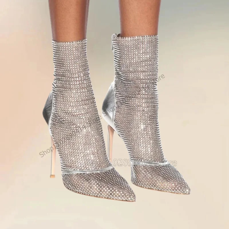 

Silver Mesh Patchwork Mid Calf Pointed Toe Boots Back Zipper Women Shoes Thin High Heels Fashion Party 2023 Zapatos Para Mujere