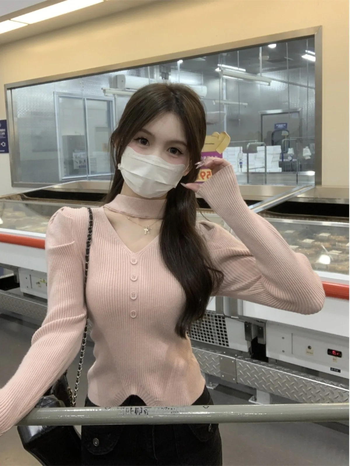 

Весенне-осенний женский вязаный длинный свеч Ne Hanging Bubble Sve Top V Ne ort Sle Base irt Внутренняя одежда