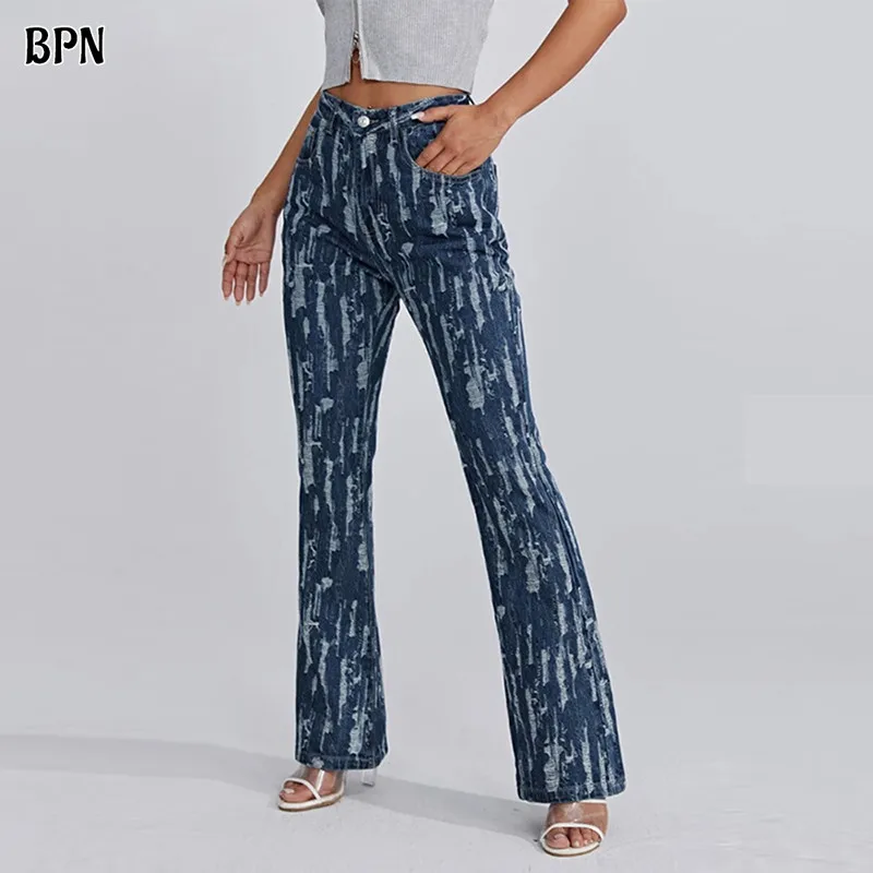 BPN Colorblock Streetwear Hole Denim Pants For Women High Waist Patchwork Button Slimming Flare Pants Female Fashion Clothing