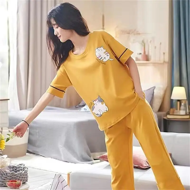 Women\'s Cotton Pajamas 2023 Spring Summer New Cute Cartoon Short-sleeved Trousers Sleepwear Two-piece Female Pijama Home Suit