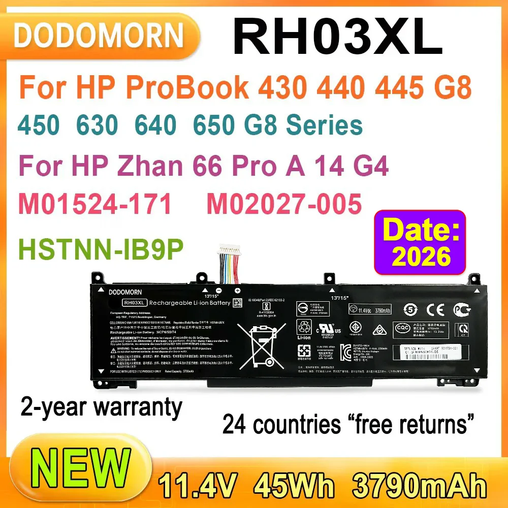 New RH03XL Laptop Battery For HP ProBook 430 440 445 450 630 640 650 G8 Series 11.4V 45Wh 3790mAh High Quality 2 Year Warranty